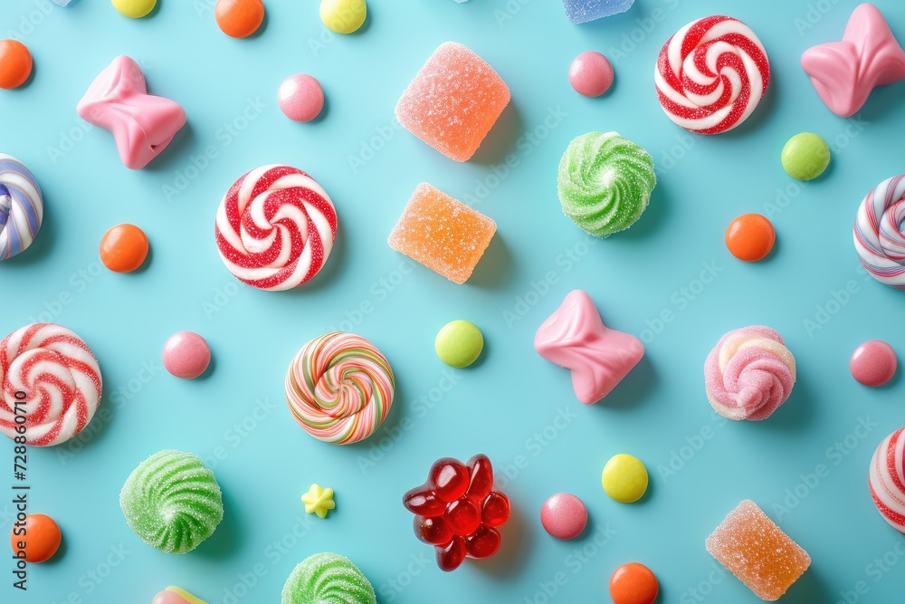 Candy in vibrant colors on a pastel turquoise surface captured from above Candy in vibrant colors on a pastel turquoise surface captured from above