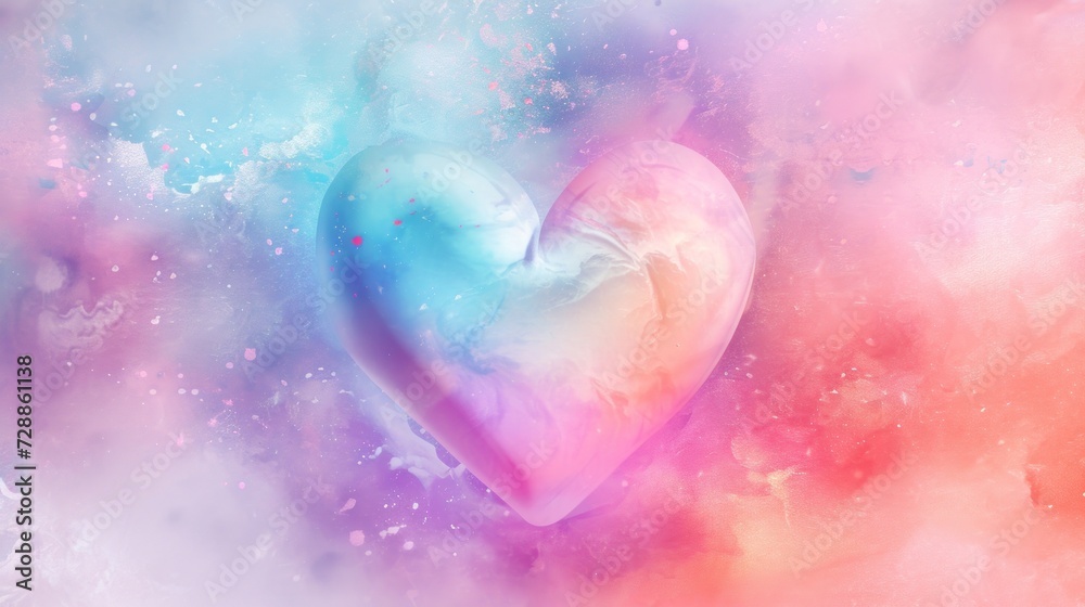  a painting of a heart on a pink, blue, and pink background with bubbles of paint on the left and right side of the heart on the right side of the image.