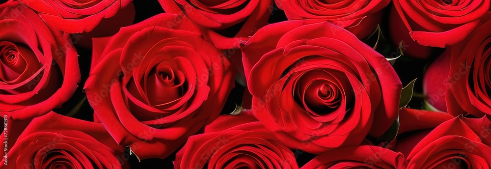 Beautiful banner with red roses background of Mothers, Valentine Day, Birthday, Anniversary, Wedding. Copy space. For advertisement, greeting card mockup, presentation, header, poster, website, print. Beautiful banner with red roses background of Mothers, Valentine Day, Birthday, Anniversary, Wedding. Copy space. For advertisement, greeting card mockup, presentation, header, poster, website, print.