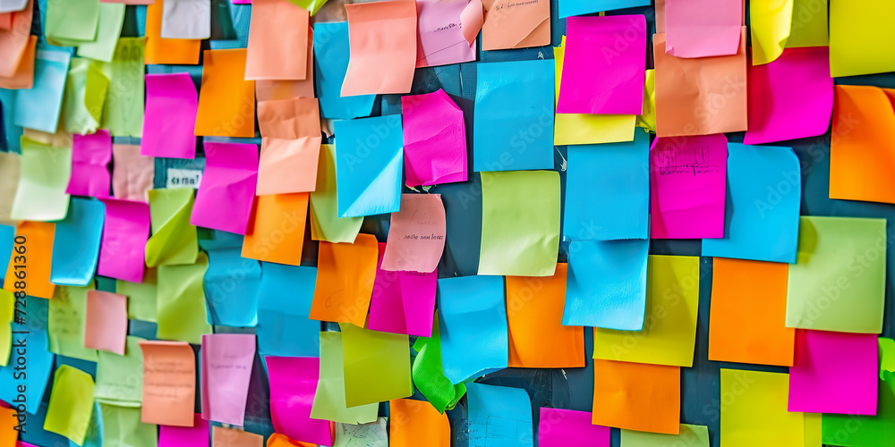 Many colorful sticky notes or adhesive notes on wall