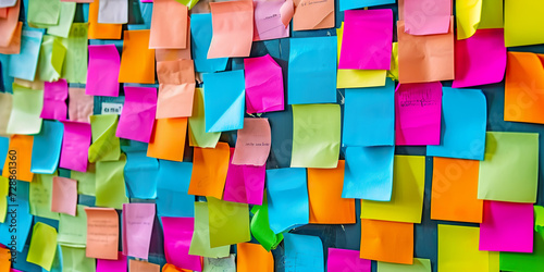 Many colorful sticky notes or adhesive notes on wall
