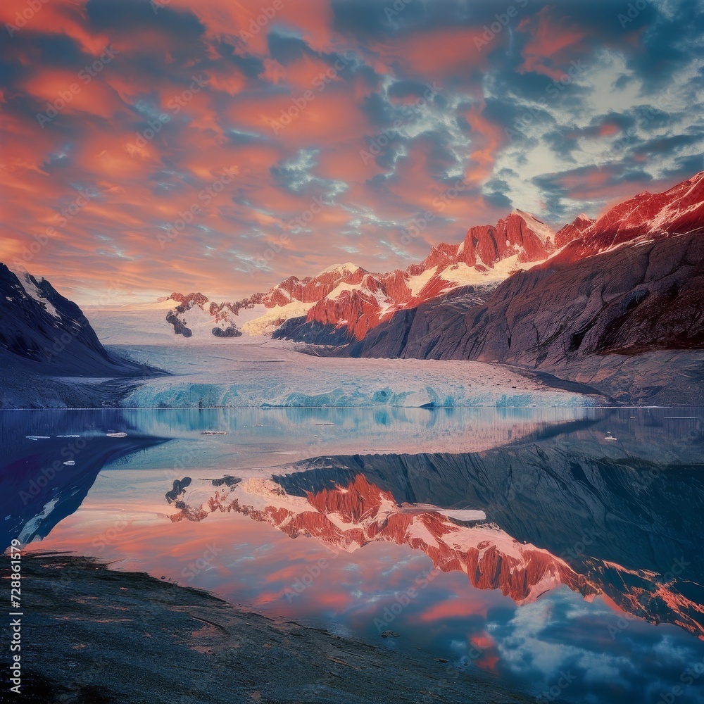 As the sun sets behind the towering mountain range, its reflection glistens on the tranquil glacial lake, surrounded by a picturesque landscape of snowy peaks and wispy clouds
