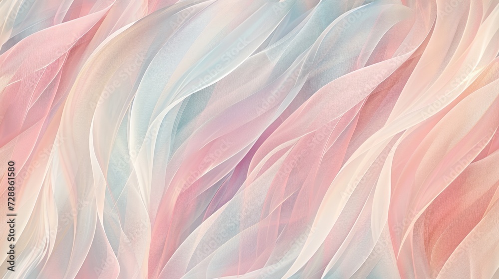  a painting of pink, blue, and white feathers with a pastel pink and blue pattern on the left side of the image,