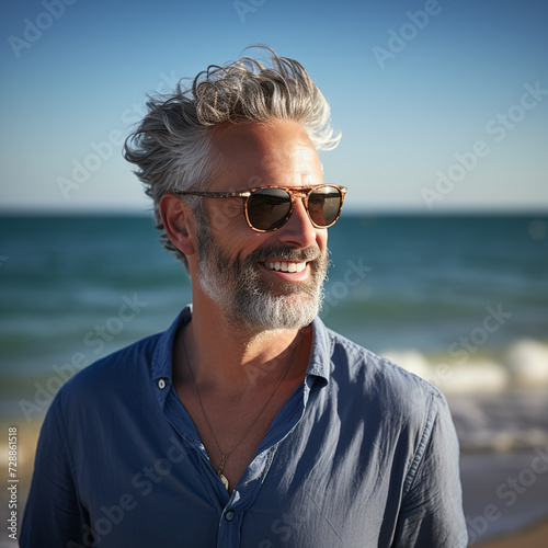 portrait of a aged man wearing sunglasses at the beach