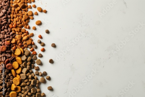 Dry food for cats or dogs scattered on a white background. Pet nutrition. Horizontal background with copy space