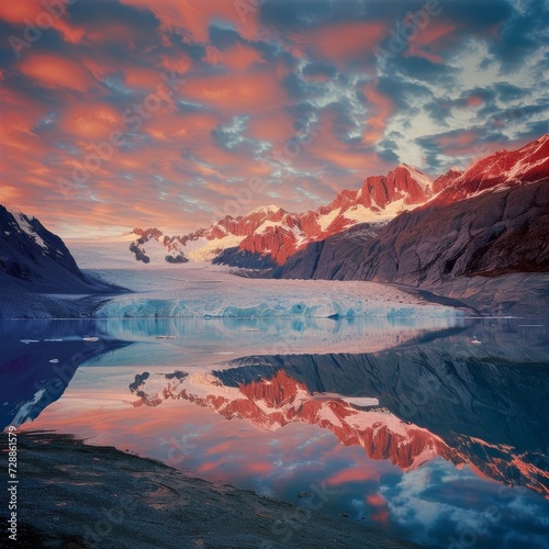 As the sun sets behind the towering mountain range  its reflection glistens on the tranquil glacial lake  surrounded by a picturesque landscape of snowy peaks and wispy clouds