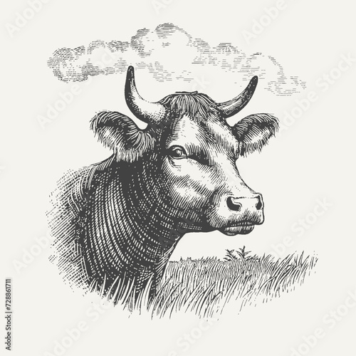 Vintage cow in farm landscape illustration. 