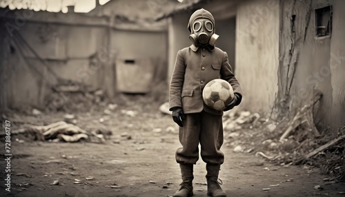 creepy kid vintage photo wearing gas mask - Generative AI
