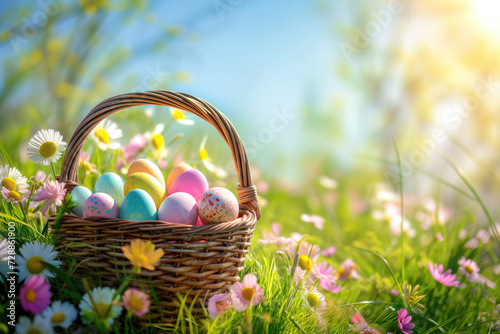 A wicker basket filled with colorful Easter eggs lying among daisies and wildflowers in a vibrant spring meadow, ideal for Easter promotions and spring-themed designs. High quality illustration