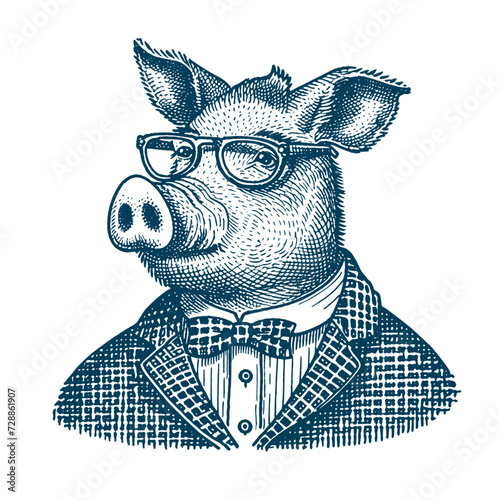 Pig wearing glasses and suit. Funny vintage woodcut engraving style vector illustration.