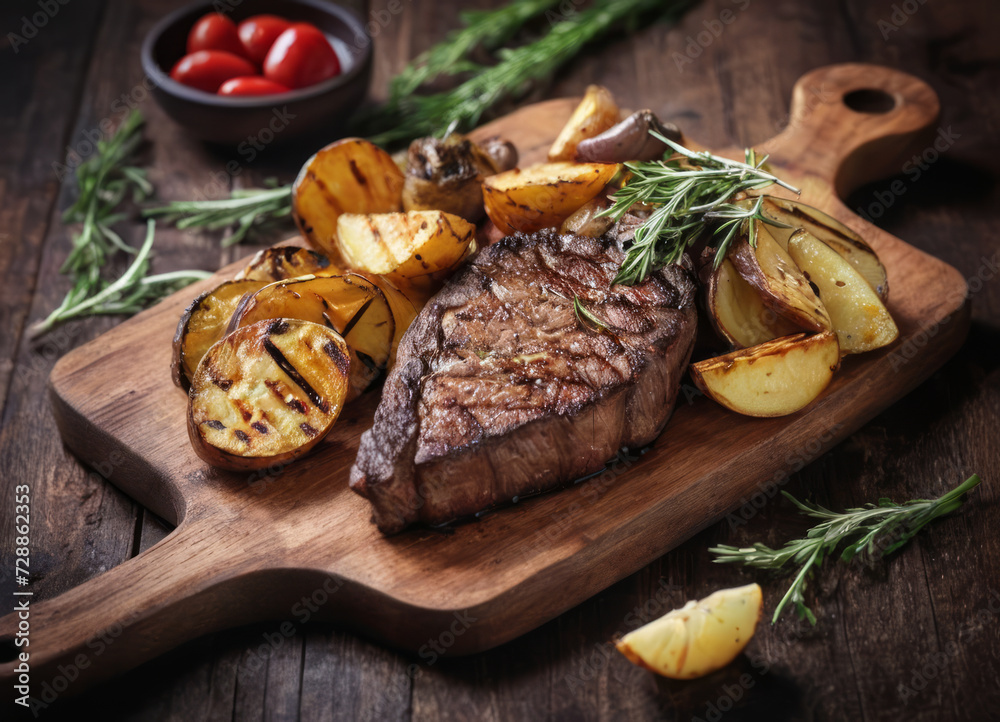 Delicious grilled steak with french fries and tomatoes on a wooden board Delicious grilled steak with french fries and tomatoes on a wooden board