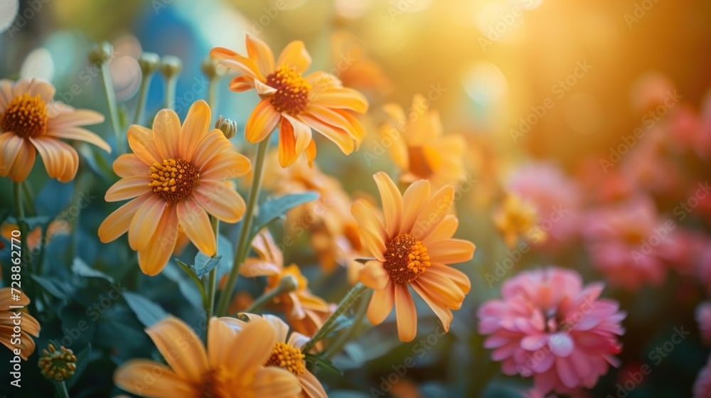 Fototapeta premium a close up of a bunch of flowers in a field with the sun shining through the leaves and the flowers in the foreground are pink, yellow, red, pink, and orange, and yellow.