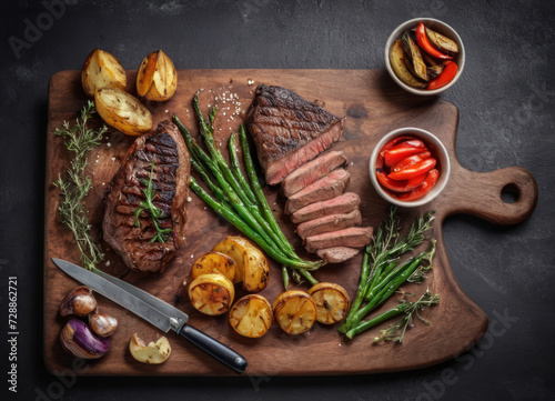 Delicious grilled steak with french fries and tomatoes on a wooden board