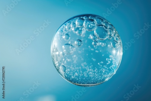 Blue bubble floating with air or oxygen in transparent liquid resembling a molecule or oil particle