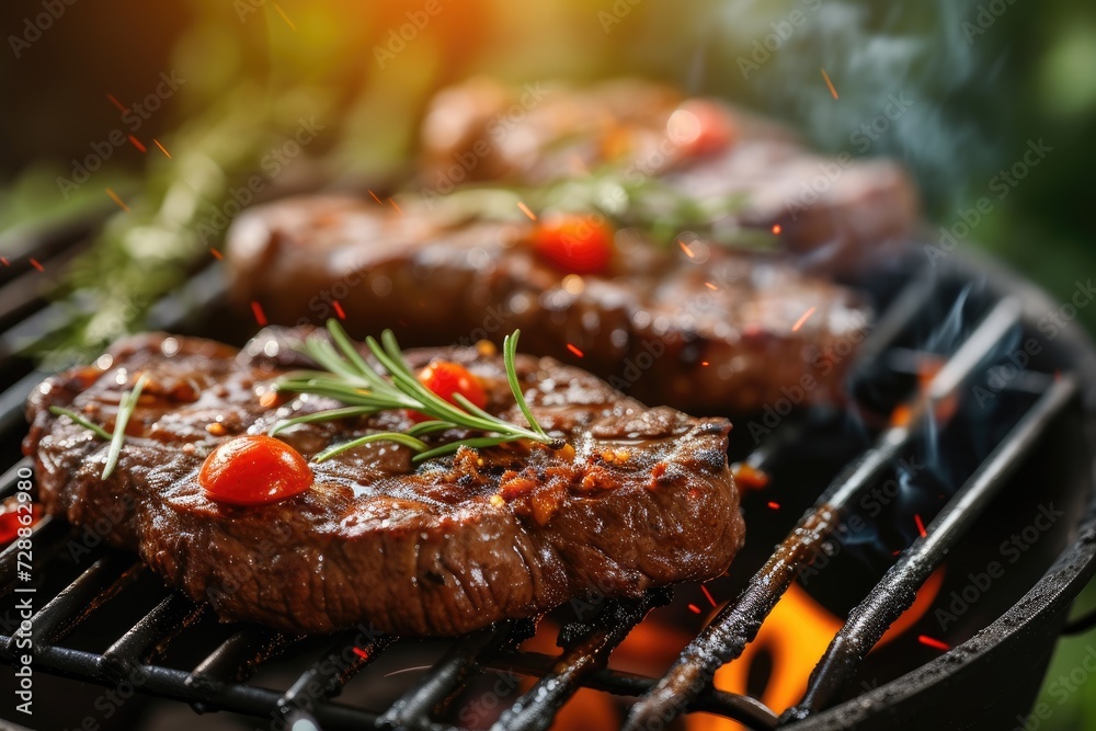 Close up of beef steaks grilling in a barbecue garden