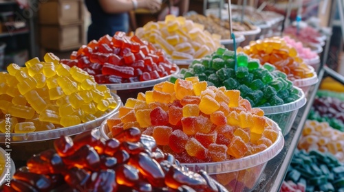 delicious gummies stand in a square