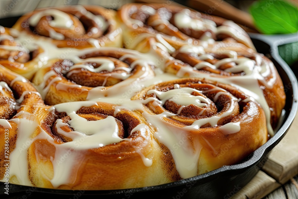 Cinnamon buns in cast iron skillet with cream cheese icing Cinnamon buns in cast iron skillet with cream cheese icing