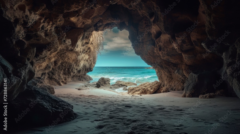 majestic cave in front of a beautiful beach during the day with good lighting
