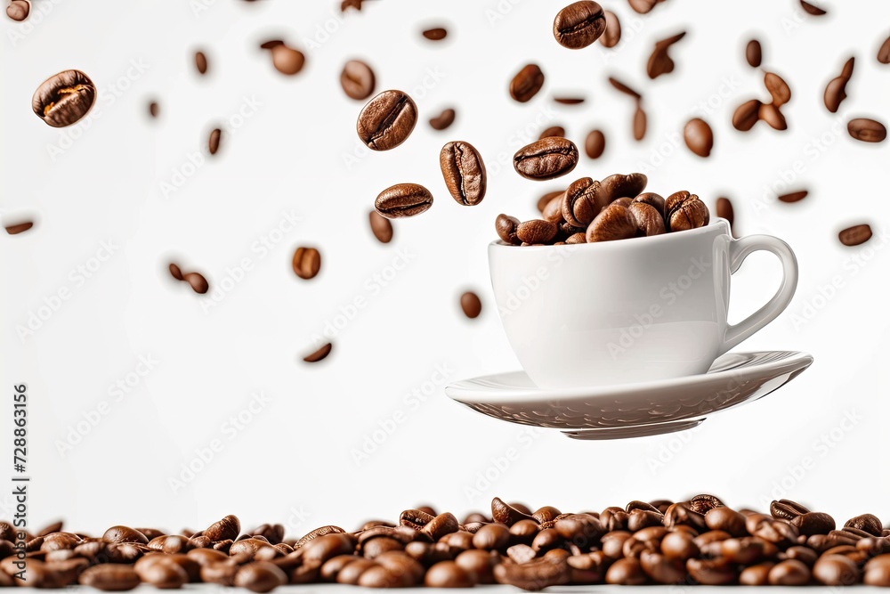 Obraz premium Coffee beans and a cup in flight on a plain white background