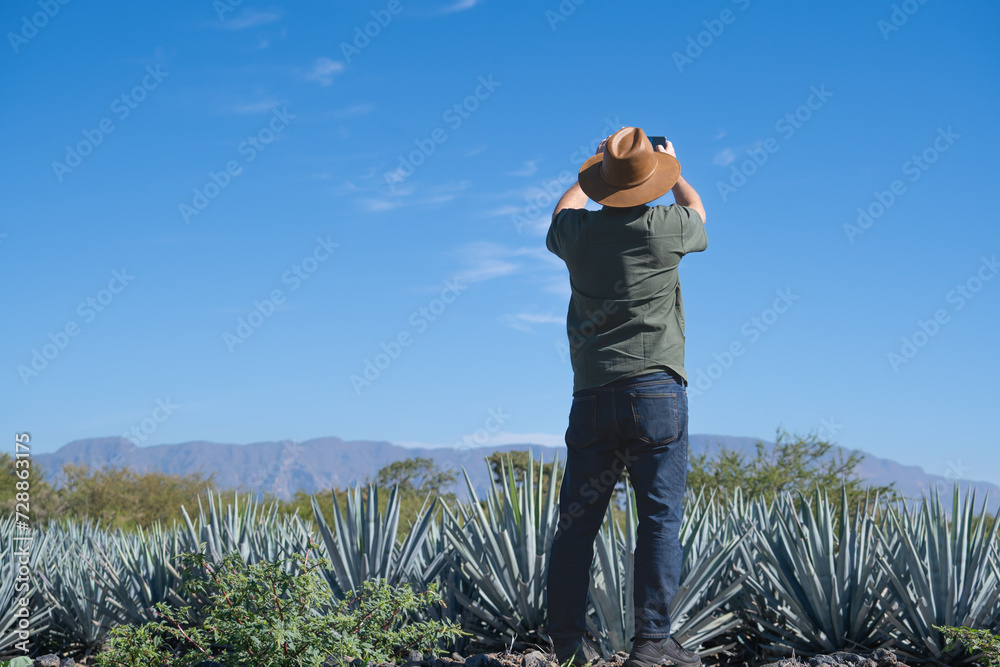 El hombre con sombrero está fotografiando el campo de agaves.
El hombre con sombrero está fotografiando el campo de agaves.