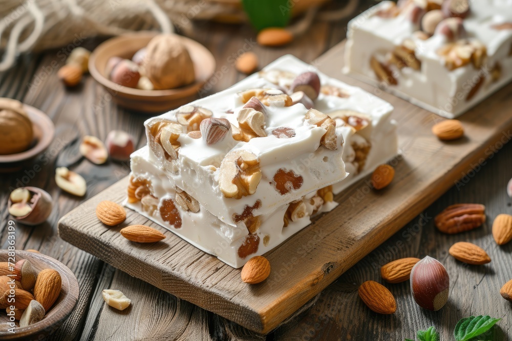 Closeup of nougat and nuts on wooden board