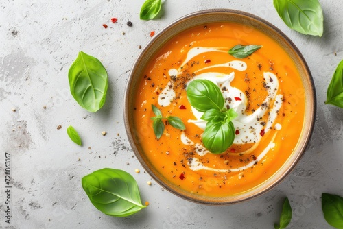 Coconut cream and basil leaves garnish sweet potato soup on a white stone background