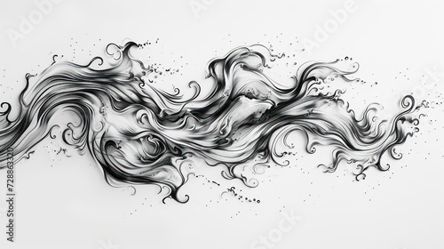  a black and white drawing of a woman's head with hair blowing in the wind and bubbles coming out of the top part of her face, on a white background.