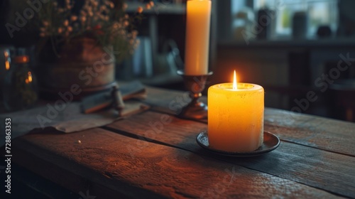  a lit candle sitting on top of a wooden table next to a vase filled with flowers and a book on top of a wooden table next to a candle holder.