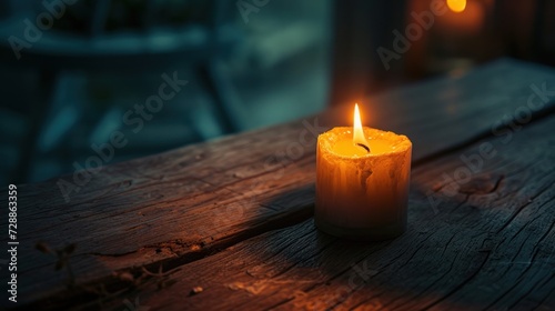  a lit candle sitting on top of a wooden table next to a potted plant on top of a wooden table next to a glass vase with a candle in it.