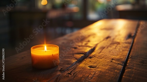  a lit candle sitting on top of a wooden table next to a glass of water and a candle in the middle of the table with a blurry window in the background.