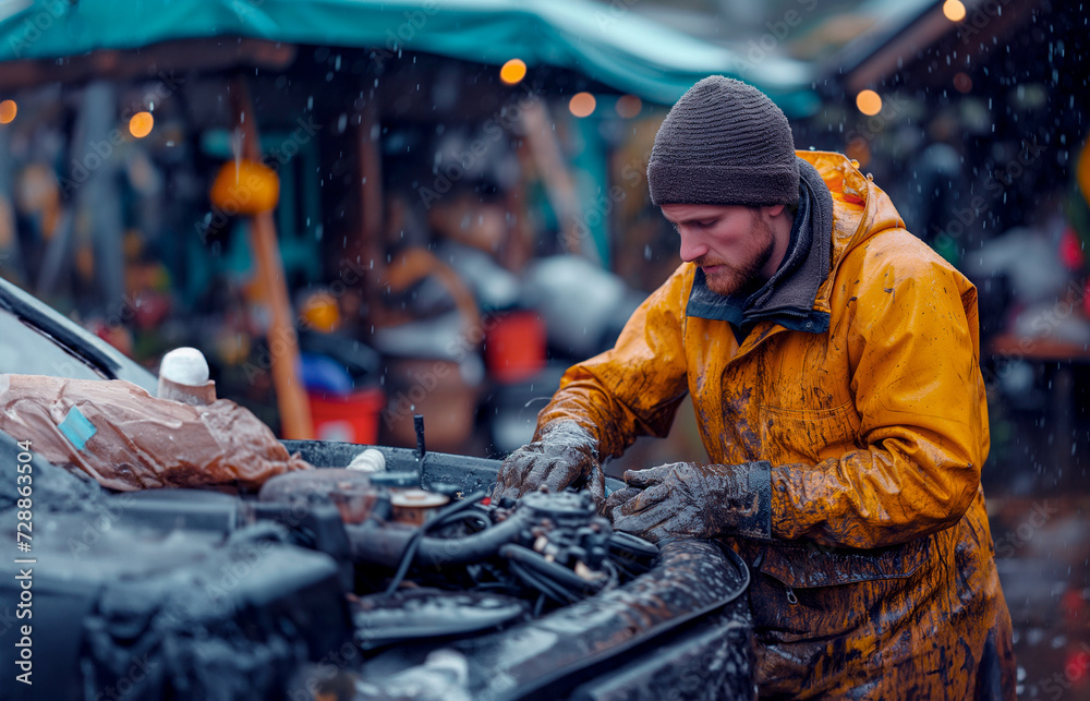 Mechanic working on a car repair, in the rain. Roadside assistance. (1)