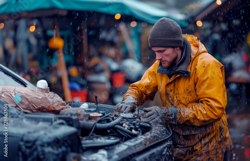 Mechanic working on a car repair, in the rain. Roadside assistance. (1)
