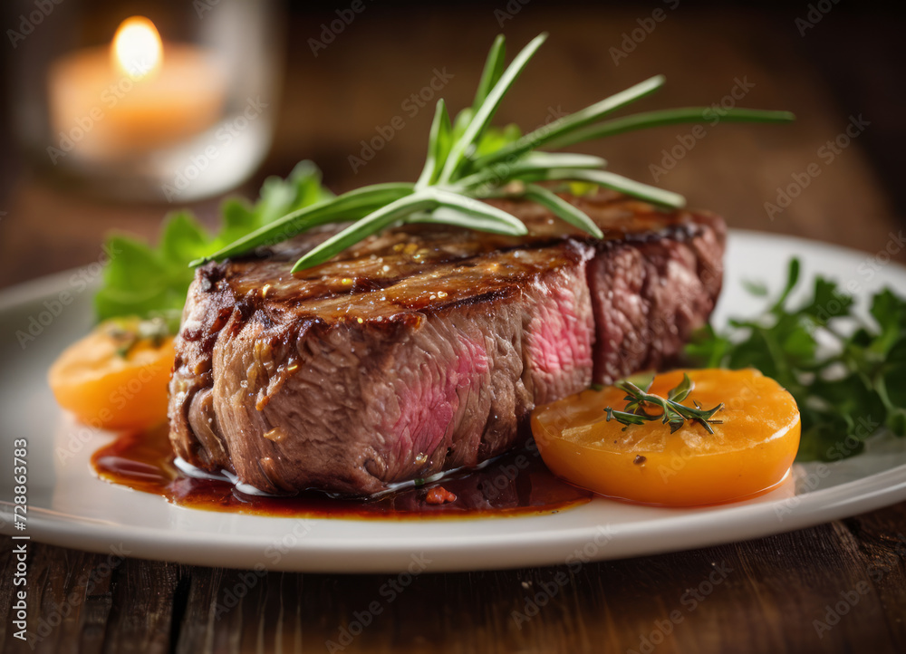 Grilled New York steak on a plate with vegetables and sauce Grilled New York steak on a plate with vegetables and sauce