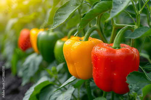 "Ripe Bell Peppers in Garden, Vibrant Red, Yellow, and Green Colors, Healthy Organic Farming Concept