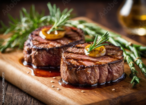 Delicious grilled steak with french fries and tomatoes on a wooden board