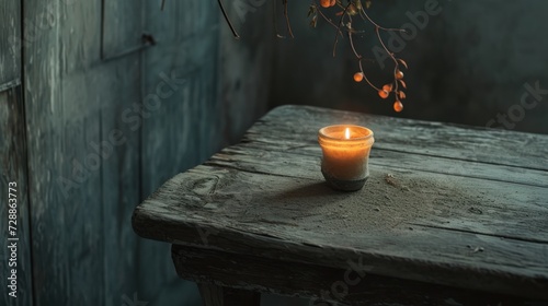  a lit candle sitting on top of a wooden table next to a vase with flowers in it and a twig sticking out of the top of the top of the candle.