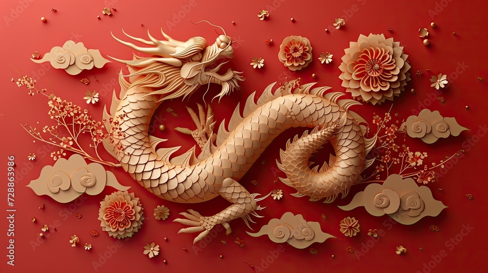 A shining golden dragon, clean red background, poster concept A shining golden dragon, clean red background, poster concept