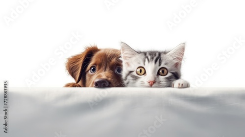A cute dog and cat peeking over a blank white web banner