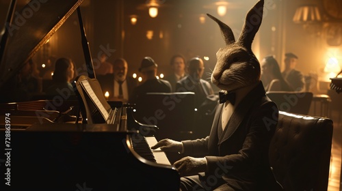 Enchanted Evening: Mystical Bunny Playing Piano in Ambient Jazz Club