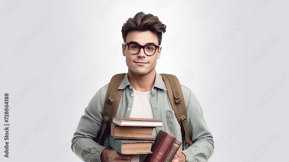 young man student wearing glasses with backpack holding books in white studio background young man student wearing glasses with backpack holding books in white studio background