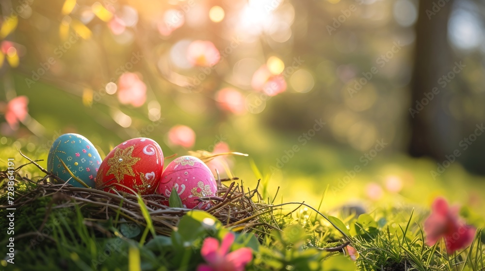 Spring Nesting: Painted Easter Eggs in a Nest with Morning Dew Spring Nesting: Painted Easter Eggs in a Nest with Morning Dew