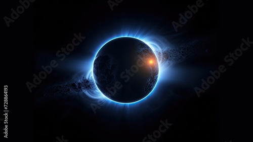 The light from the star in the background forms a round light around the planet. Dark blue background