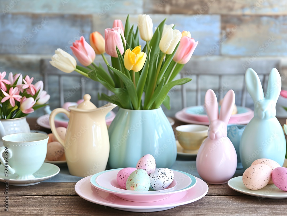 Easter Elegance: Pastel Tulips and Ceramic Bunnies on Festive Table