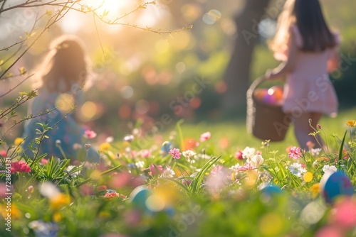 Springtime Joy: Children on Easter Egg Hunt in Sunlit Garden