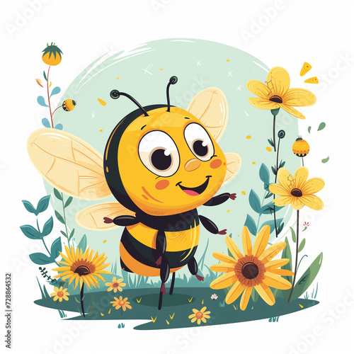 Excited bee buzzing around flowers  cute bee cartoon vector illustration