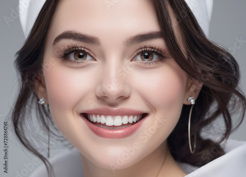 Portrait of a beautiful European woman with a snow-white smile