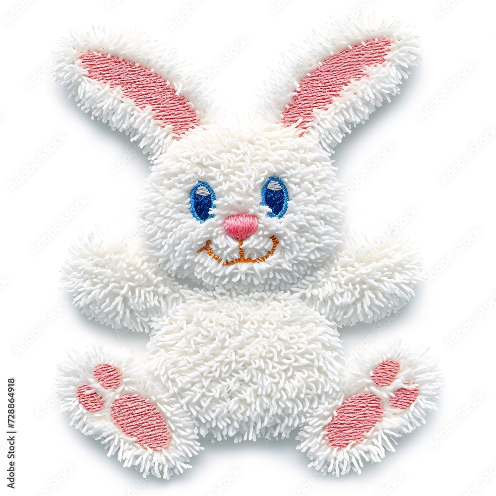 Furry Friend: Fluffy White Embroidered Bunny on White Background