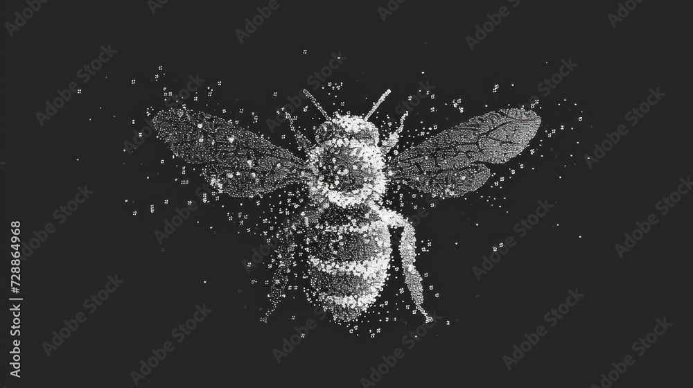  a black and white photo of a bee with bubbles of water on it's back and a black background with white dots on the front of the bees wings.