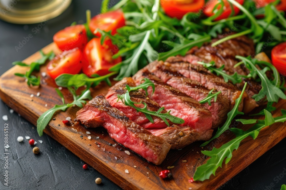 Close up of grilled striploin steak and salad with tomatoes and arugula on cutting board