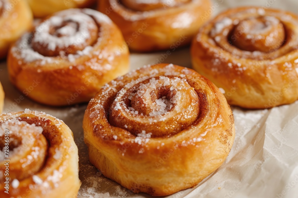 Close up of delicious cinnamon rolls on a baking sheet with a fresh cinnamon bun background seen from the top